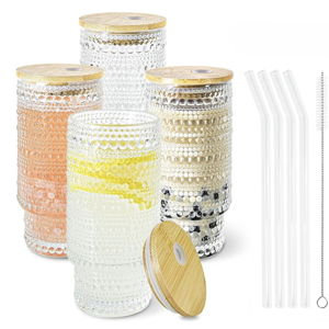 16oz Hobnail Glass Cup with Lids and Straws Vintage Glassware Tumbler Stackable Drinking Glasses Set of 4 with Bamboo Lid Straw for Iced Coffee Juice Match Tea