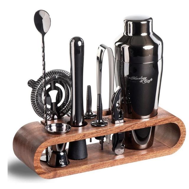 Mixology Bartender Kit with Stylish Mahogany Stand (Gun-Metal Black)
