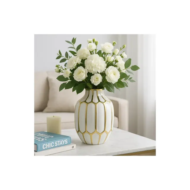 Ceramic Vase That Elevates Home Decor - Sculptural Flower Vase for Office, Living Room Decor, Table, and Bedroom Display - 8" White & Gold