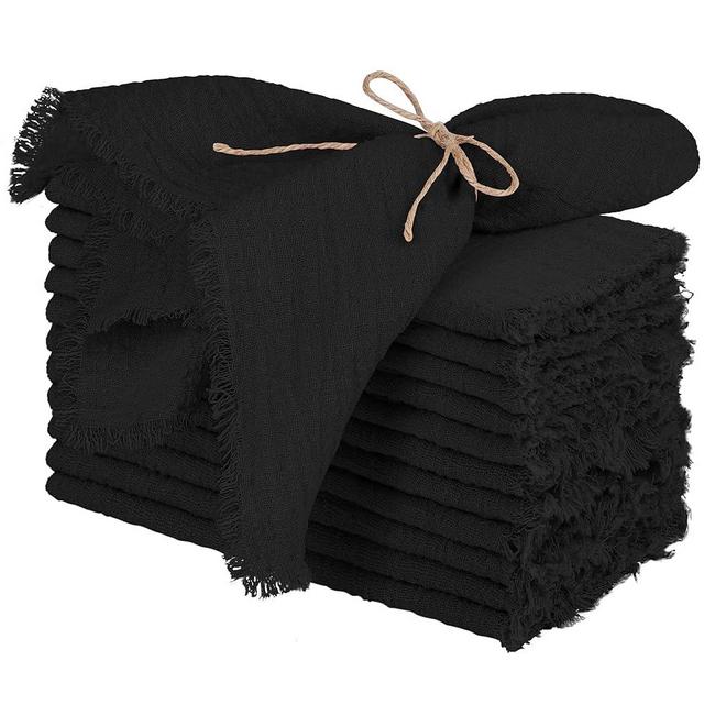 TURSTIN 12 Pieces Cotton Linen Cloth Napkin Handmade Cloth Napkin with Fringe 17 x 17 Inch Soft Cloth Dinner Wedding Napkin Square Rustic Fringe Napkin for Dinners, Parties, Weddings, Black