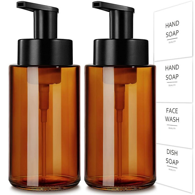RYTOXILO Amber Foam Soap Dispenser, 10 oz/300ml Glass Foaming Soap Dispenser, 2 Pcs Foaming Hand Dispenser for Bathroom & Kitchen, Refillable Bottle with Waterproof Labels
