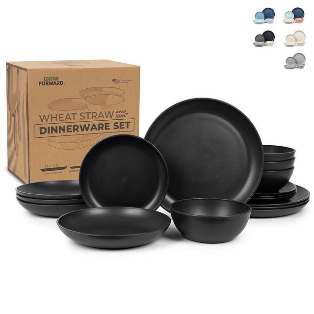 Grow Forward 16-piece Premium Wheat Straw Dinnerware Sets for 4 - Dinner Plates, Dessert Plates, Pasta Bowls, Cereal Bowls - Microwave Safe Plastic Plates and Bowls Sets, RV, Kitchen Dishes - Midnight