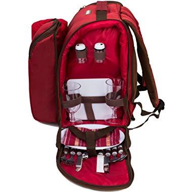 apollo walker 2 Person Red Picnic Backpack with Cooler Compartment Includes Tableware & Fleece Blanket 45"x53"(red)