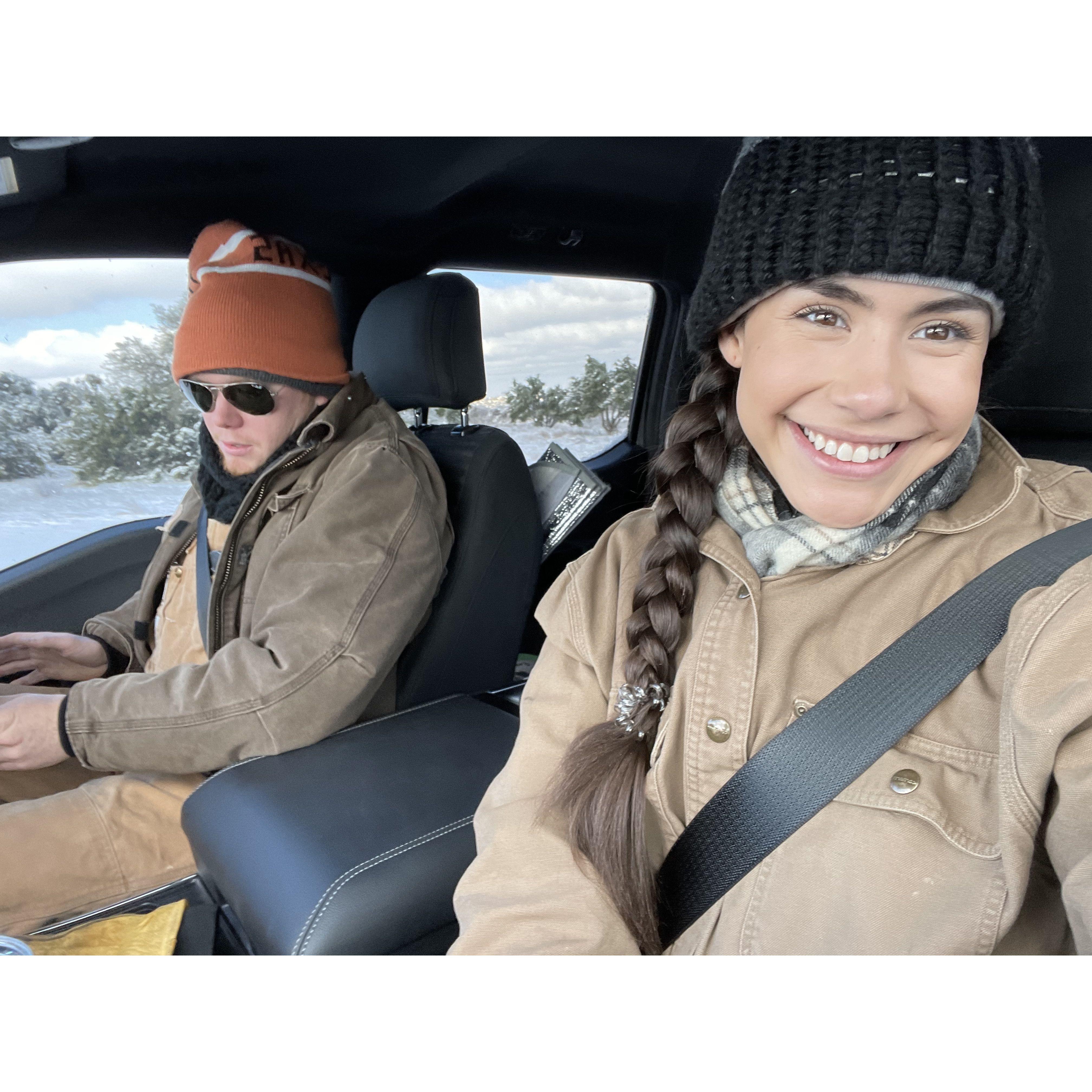 Teaching Alexa to drive in snow... look how she is paying attention... she would later bottom the pickup out....