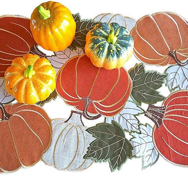 Thanksgiving Fall Harvest Placemats,Cutwork Applique Embroidered Orange Pumpkins Placemats for Home Dinner Holiday Festival Decorations,13×18inch Set of 4