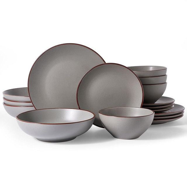 Famiware Venus Speckled Dinnerware Set with Pasta Bowls, Service for 4 (16 Pieces), Stoneware Plates and Double Bowls Sets, Microwave & Dishwasher-Safe Dishes with Trim, Matte Dark Grey