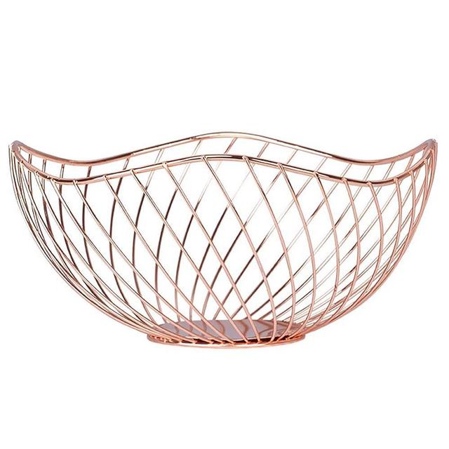 IBWell High Style Curved-Edge Modern Creative Stylish Single Tier Dish,Metal Iron Wire Fruit Vegetables Bread Decorative Stand Serving Bowls Basket Holder (Rose Gold-Twill)