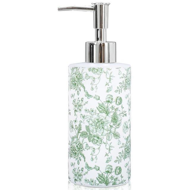 JarThenaAMCS Green Floral Soap Dispenser Glass Dispenser with Pump Refillable Vintage Chinoiserie Flower Butterfly Liquid Soap Container for Kitchen Bathroom Countertop Decor