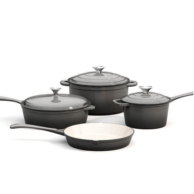MAISON ARTS 7 Piece Enameled Cast Iron Cookware Set, Induciton Dutch Oven Pot with Lid, Grey Non Toxic Pots and Pans set, PFOA-PFOS Free