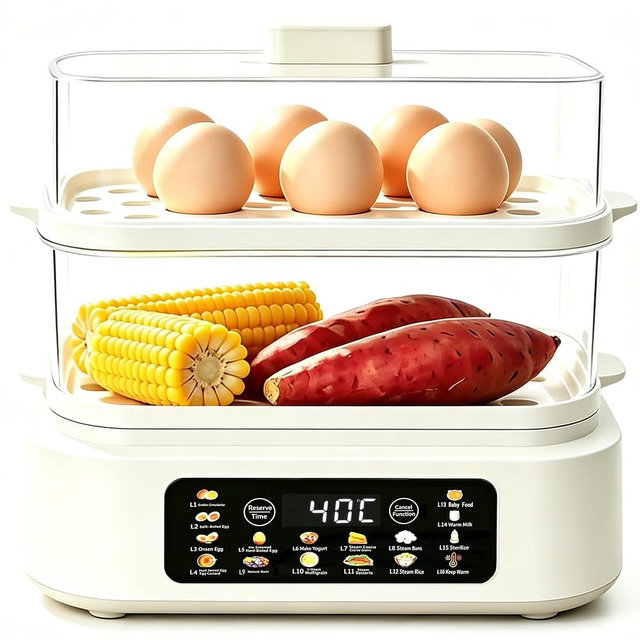 16-in-1 Double Layer Electric Egg Cooker, Rapid Multi Food Steamer with Digital Timer & Auto Shut Off, Makes Hard/Poached Eggs, Omelets, Steams Corn Sweet Potato Dumplings