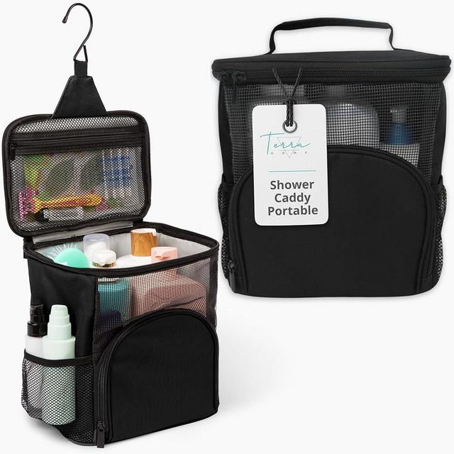 TERRA HOME Portable Shower Caddy For College Dorms - Foldable Mesh Tote - Dorm Room Essentials - Durable Hanging Travel Shower Bag - Perfect for College Students, Men, Women (Black)