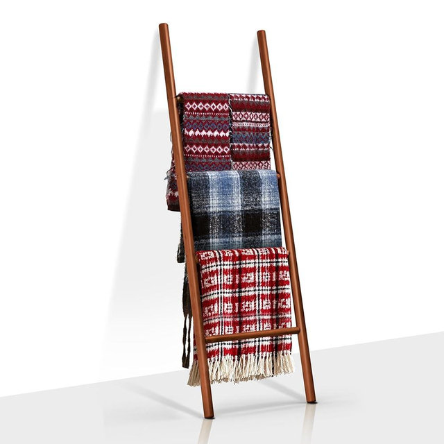 DOZILY Natural Solid Wood Blanket Ladder, Decorative Towel Display Rack Holder, 4 Tier 5ft Rustic Farmhouse Wall Leaning Stand for Bedroom Living Room Bathroom (Walnut)