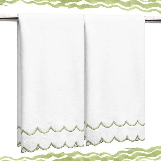 Hahafelt 2 Pcs Scalloped Hand Towels 100% Cotton Hand Towels for Bathroom 15.75 x 27.56 Inch 600 GSM Cute Soft Absorbent Embroidered for Hotel Spa Sport Yoga(Sage Green,Classic)