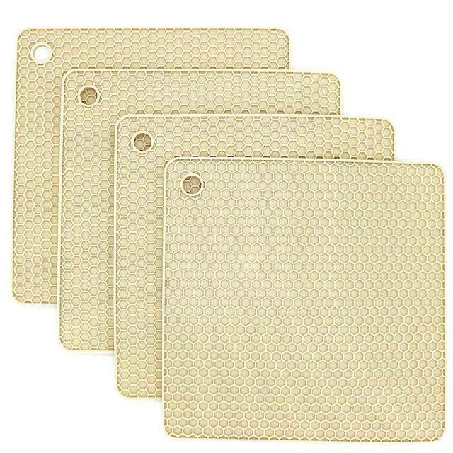 Smithcraft Silicone Trivets for Hot Dishes, Pots and Pans, Hot Pads for Kitchen, Beige Silicone Pot Holders Mats for Kitchen Quartz Counter Heat Resistant Mat, Flexible Table Plate Trivet Mat Set 4