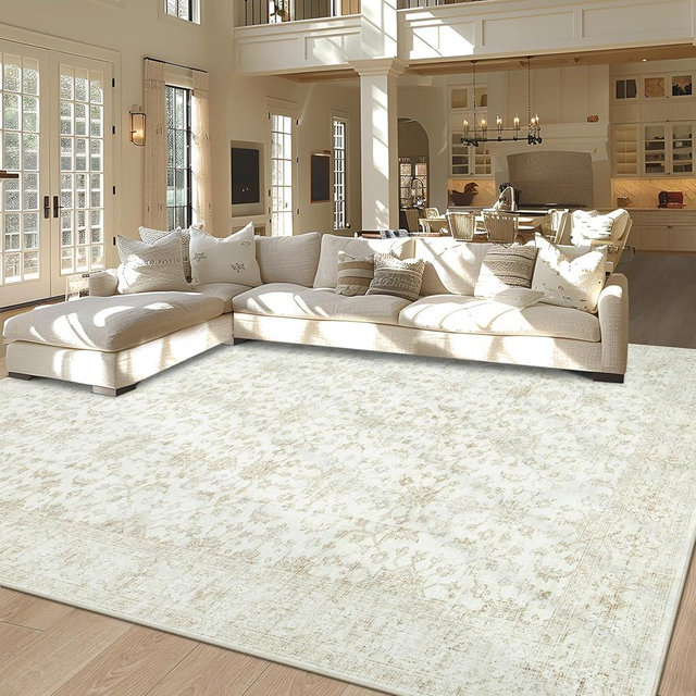 Washable Rugs 8x10 Area Rugs, Soft Vintage Living Room Rug with Anti-Skid Backing Stain Resistant Thin Indoor Carpet Large Area Rug for Bedroom Under Dining Room Table Nursery Entryway-Light Beige