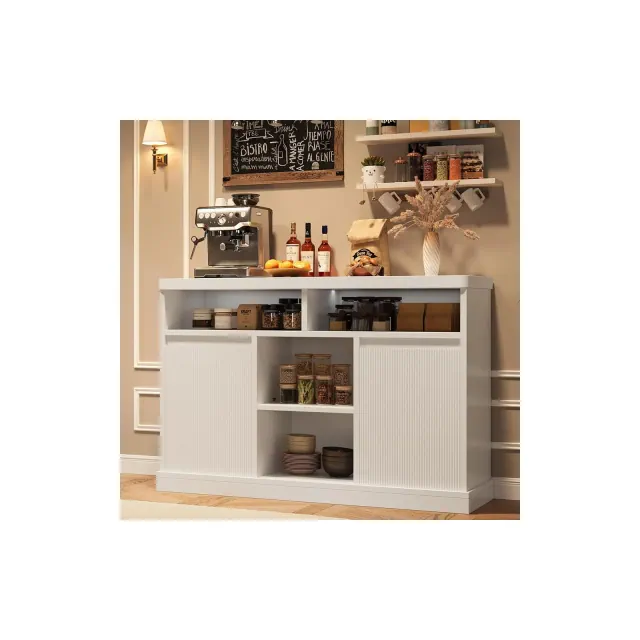 Modern Buffet Cabinet with Storage, Fluted Sideboard Cabinet with 2 Doors, White Accent Coffee Bar Cabinet with Adjustable Shelves for Kitchen Room