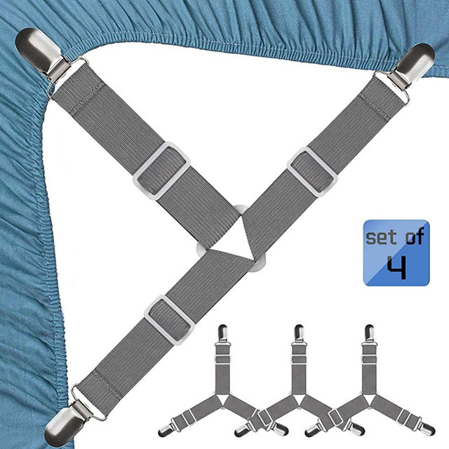 JBYAMUS Bed Sheet Fasteners, Easy to Install Bed Sheet Holder Straps, Bed Sheet Clips Used for Bed Sheets, Mattress Covers, Sofa Cushion, Say Goodbye to The Crumpled Sheets (Gray-4 pcs)