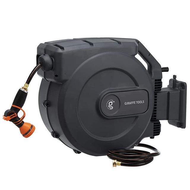 Giraffe Tools Retractable Garden Hose Reel 5/8" x 115+5 ft, Heavy Duty Wall Mounted Water Hose Reel with Automatic Rewind, 180° Swivel Bracket, Slow Retraction Technik, 9 Pattern Nozzle