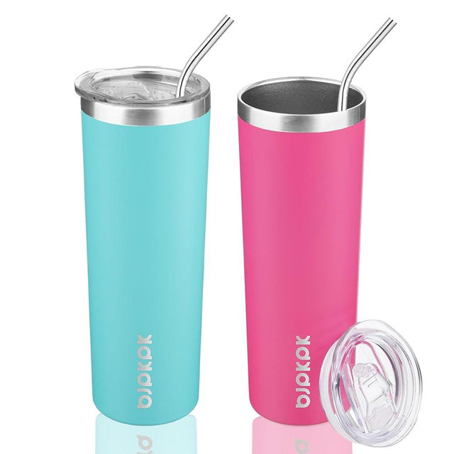 BJPKPK 2 Pack 20oz Skinny Tumblers with Lid Insulated Travel Coffee Cup Stainless Steel Thermal Mug,Turquoise,Pink