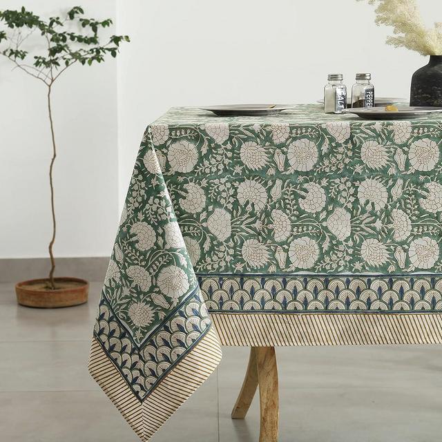 Labhanshi Indian Handblock Print Floral Cotton Table Cloth|Rectangle 60x90 Inch 6-Seater Kitchen Dining Table Cloth|Spring Easter St.Patrick Wedding Holiday Party Decorative Table Cover|Moss Green