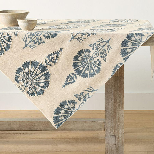 Bloom Embroidered Cotton Table Throw - Ivory/Chambray