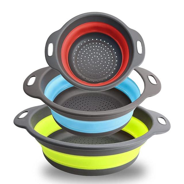 Miao xin Foldable Silicone Large Food Strainer Set (3 Pieces) - Perfect for Draining Pasta, Noodles, Veggies and Fruits - Foldable Kitchen Colander Kit. (Green, blue, purple)