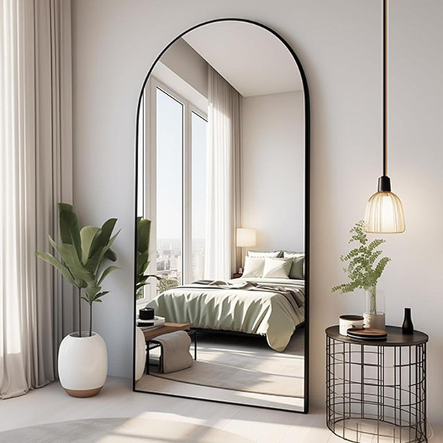 Dewfig Arched Full Length Mirror, 71"*30", Large Floor Mirror with Stand, Full Body Mirror Standing Mirror for Leaning Hanging Bedroom, Living Room,Dressing Room, Aluminum Alloy Frame, Black