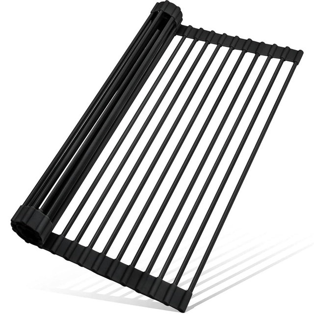 MERRYBOX Roll Up Over The Sink Dish Drying Rack Silicone Wrapped Foldable, Heat-Resistant, Anti-Slip Sink Rack Multipurpose Dish Drainer for Kitchen Sink Counter - Black, 17.5" x 11"