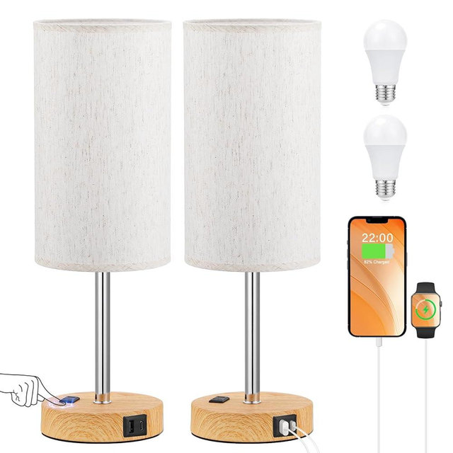17.4Inches Tall Touch Bedside Table Lamps Set - 3 Way Dimmable Bedroom Lamp with USB C Ports, Small Desk Lamps for Nightstand with AC Outlet for Dorm/Bathroom/Kitchen/Living Room
