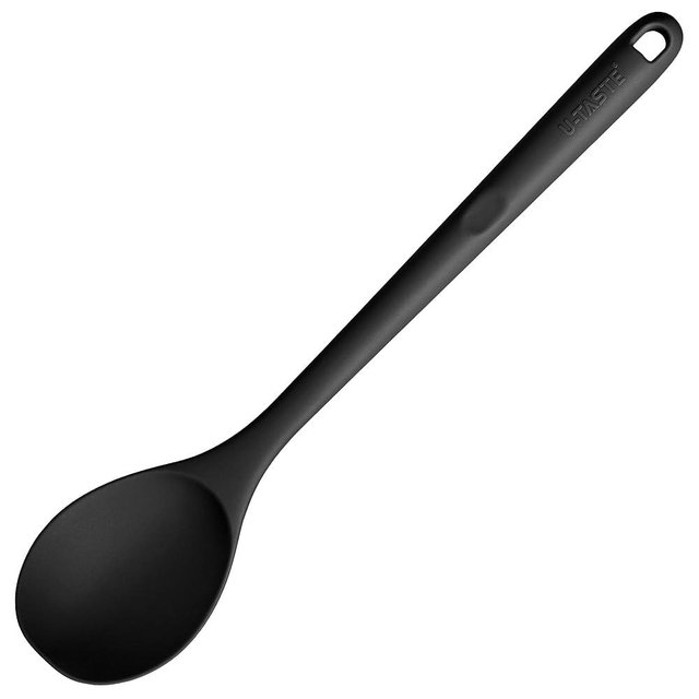 600℉ Heat Resistant Silicone Spoon: U-Taste 13.3in Solid Kitchen Cooking Spoon, Nonstick BPA Free Large & Long Soup Rubber Utensil for Mixing, Serving, Stirring, Basting, for Pot Cookware (Black)