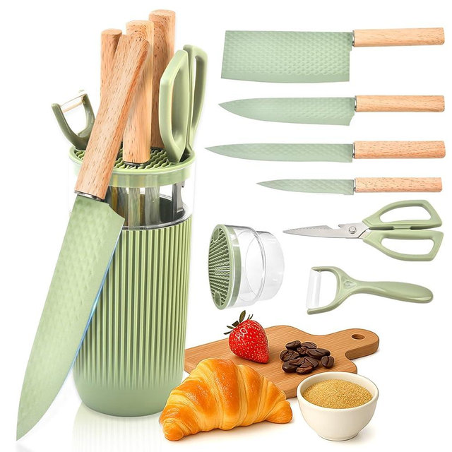 TOPLUCKY Knife Set, 7-Piece Kitchen Knife Set with Sharp Chef and Meat Knives, Anti-Rust Utility Knives Set for Kitchen, Kitchen Knife Block Set （Green）