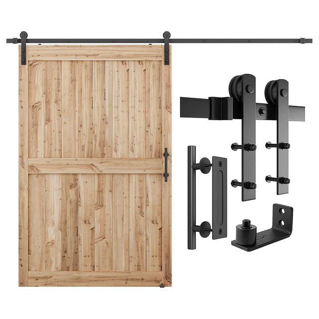 SMARTSTANDARD 9 FT Heavy Duty Sturdy Sliding Barn Door Hardware Kit, Black, (Whole Set includes 1x Pull Handle Set & 1x Floor Guide) Fit 50''-54" Wide Door Panel (I Shape Hanger)