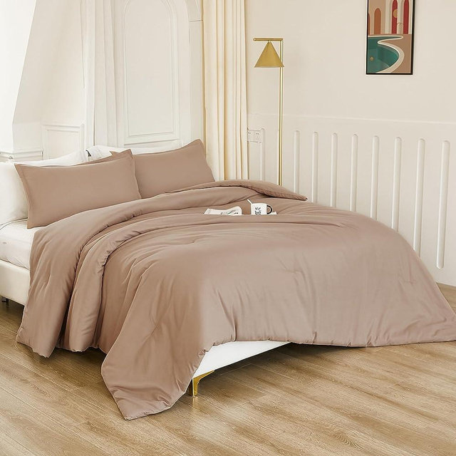 Litanika Taupe Comforter Set Queen Size, 3 Pieces Boys Men Solid Bedding Set & Collections, All Season Fluffy Bed Set (90x90In Comforter & 2 Pillowcases)