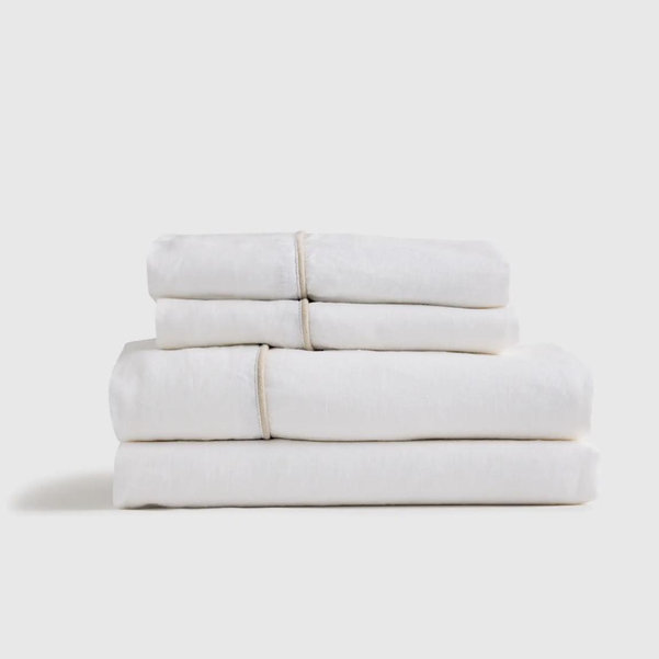European Linen Piped Sheet Set in White/Toffee
