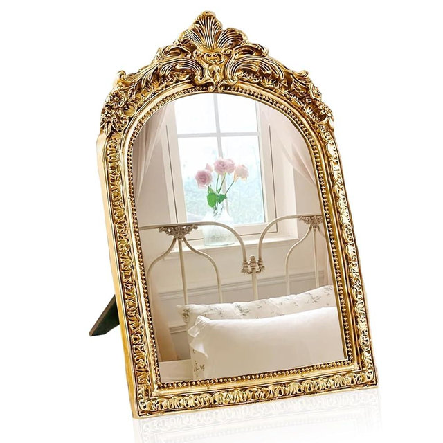 YUSONG Vintage Makeup Desk Mirror - 7" Gold Antique Mirror for Tabletop Resin Frame Decorative Wall Art for Living Room, Bedroom Decor, Vanity Table