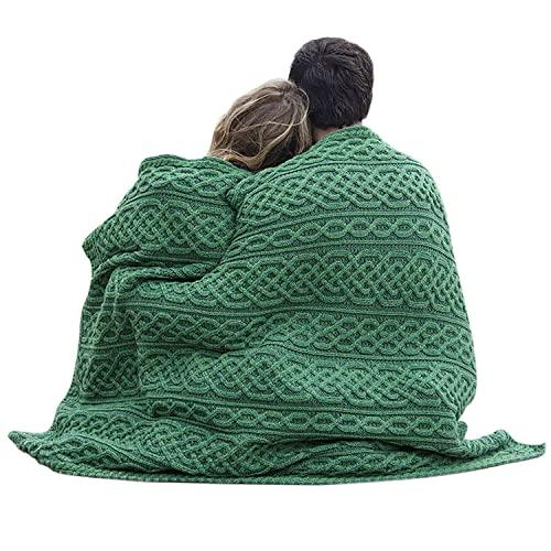 Carraig Donn Irish Cable Knit Blanket Celtic Aran Throw - 100% Merino Wool Made in Ireland - 40"x 55" (102 x 140)(Kiwi/Connemara Green)