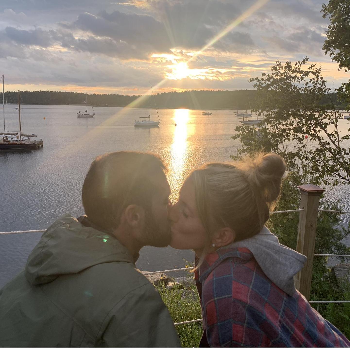 Some sunset public display of affection in Bar Harbor- summer engagement bliss