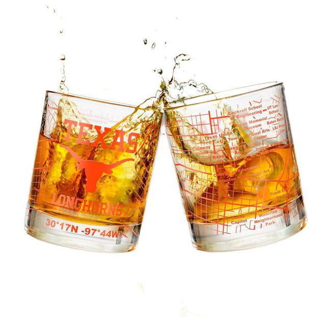 Greenline Goods - University Of Texas Whiskey Glass Set (2 Low Ball Glasses) - Contains Full Color Texas Longhorn Logo & Campus Map - Longhorns Gift College Grads & Alumni - College Cocktail Glassware