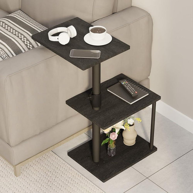 Faesun Swivel Side Table for Couch Arm, Adjustable C End Table for Recliner or Bed, Tv Trays with Storage Shelf for Small Spaces Small Nightstand Table for Living Room, Bedroom