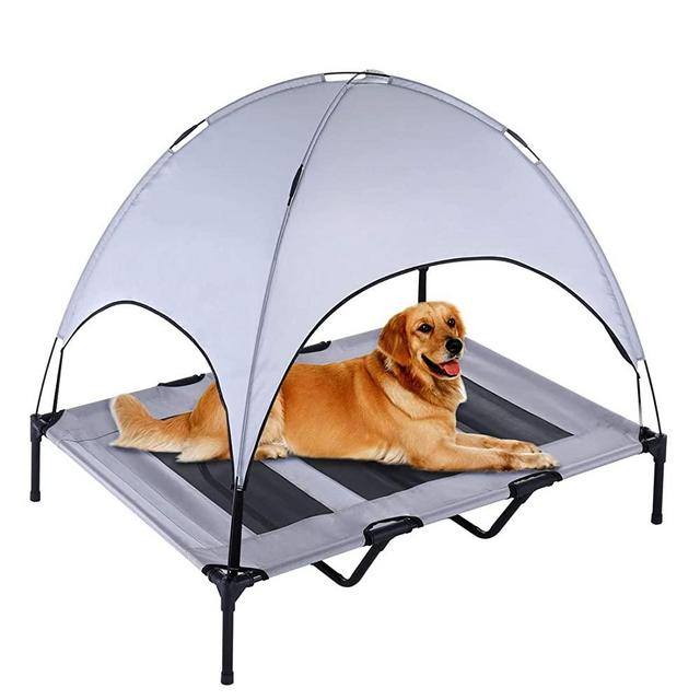 SUPERJARE Outdoor Dog Bed, Elevated Pet Cot with Canopy, Portable for Camping or Beach, Durable 1680D Oxford Fabric, Extra Carrying Bag - Silver Gray