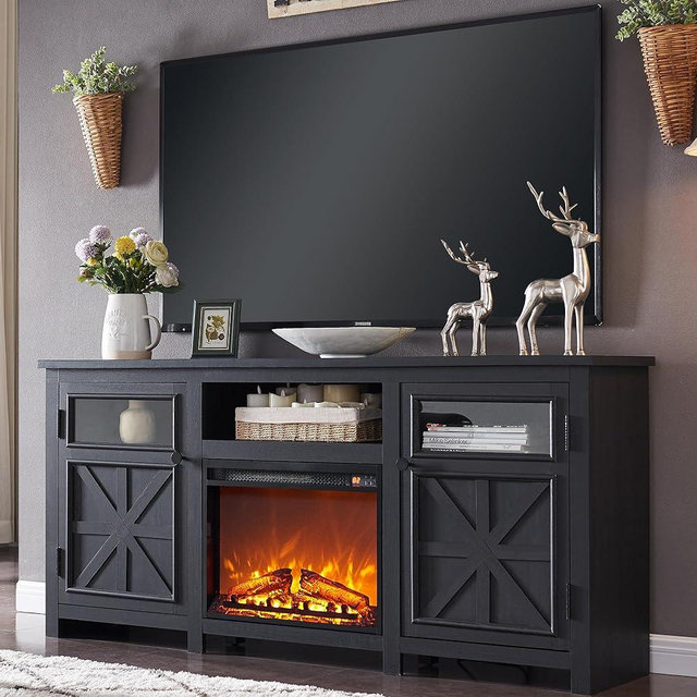 JXQTLINGMU 70'' Farmhouse Fireplace TV Stand for 75 Inch TV, 32'' Tall Entertainment Center with 1500W w/23'' Electric Fireplace, Media Console with 2 Cabinet and 4 Shelves, for Living Room, Black
