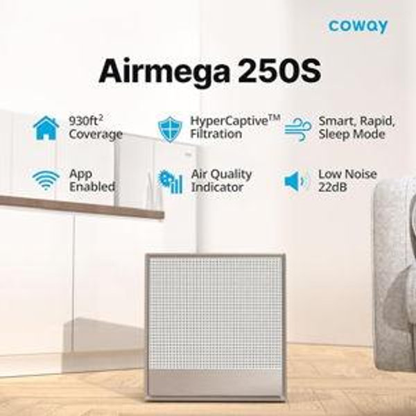 COWAY Air Purifiers for Home Large Room Up to 1,860 ft², Washable Pre-Filter and HEPA Filter for Smoke, Allergies, Pet Dander, Odor, AQI, App Control, Smart, 3yr Warranty, Airmega 250S Wifi