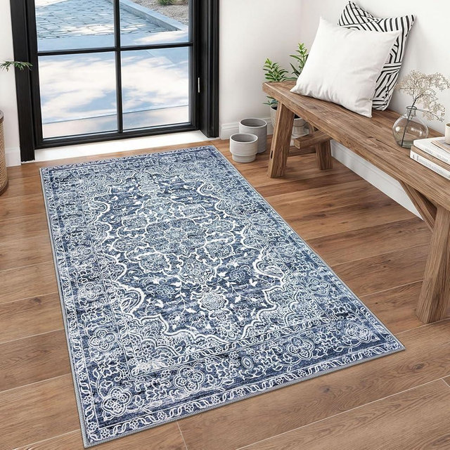 KUTA 3x5 Vintage Area Rug, Vintage Floral Kitchen Rugs Blue White Washable Non-Slip, Ultra Soft Printed Medallion Tribal Entry Low-Pile Carpet for Bedroom Nursery Dorm Décor