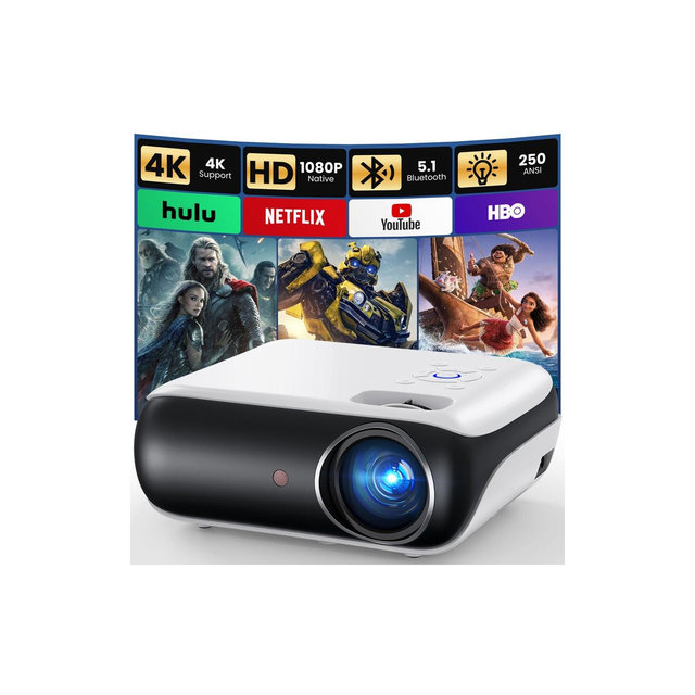 HAPPRUN Native 1080P Bluetooth Projector, Full HD Portable Outdoor Movie Projector with Built-in Speaker, Compatible with Smartphone