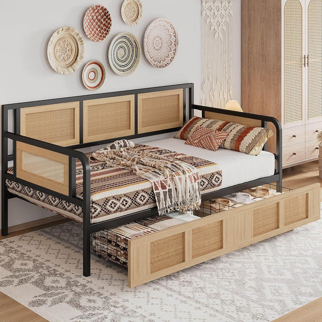 ANCTOR Twin Daybed with Storage Drawer, Twin Bed Frame Rattan Daybed & Boho Corner Bed - 800lb Weight Capacity, Space Saving Day Bed for Guest Room, Living Room & Bedroom, Black