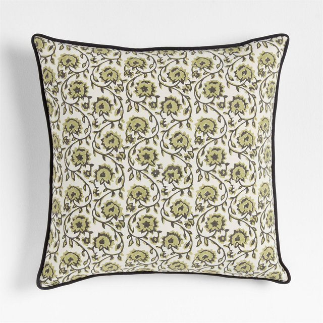 Washed Cotton 23x23 Olive Green Floral Reversible Hand Printed Throw Pillow with Down-Alternative Insert