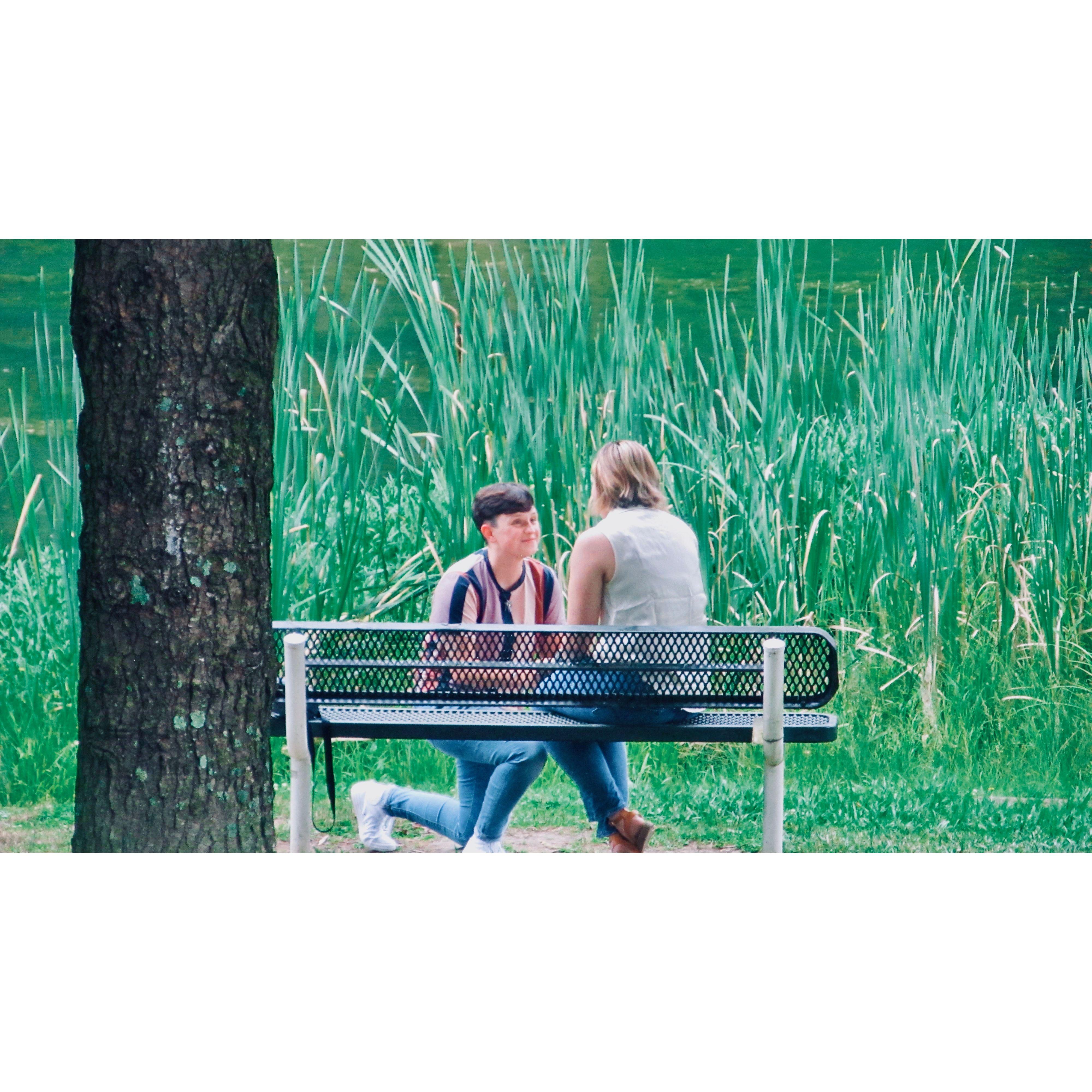 We got engaged on the bench where we shared our first date and kiss.