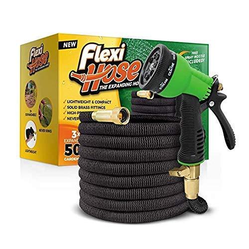 Flexi Hose & 8 Function Nozzle, 50 FT Lightweight Expandable Garden Hose | No-Kink Flexibility - Extra Strength with 3/4 Inch Solid Brass Fittings & Double Latex Core | Rot, Crack, Leak Resistant