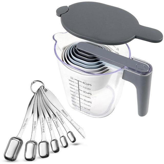 Recogwood 17 Piece Measuring Cups and Spoons Set, Stainless Steel Measuring Spoons Set and Stackable Measuring Cup with Lid for Liquid and Dry Ingredients, Cooking Baking Gadgets