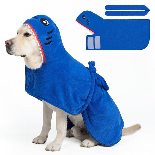 SCENEREAL Dog Bathrobe Fast Drying Towel Microfiber Dog Towel Robe with Hook and Loop Closure & Wrap Tie Snuggle, Super Absorbent Pet Cat Dog Bath Robe Drying Coat, Shark Hood XL